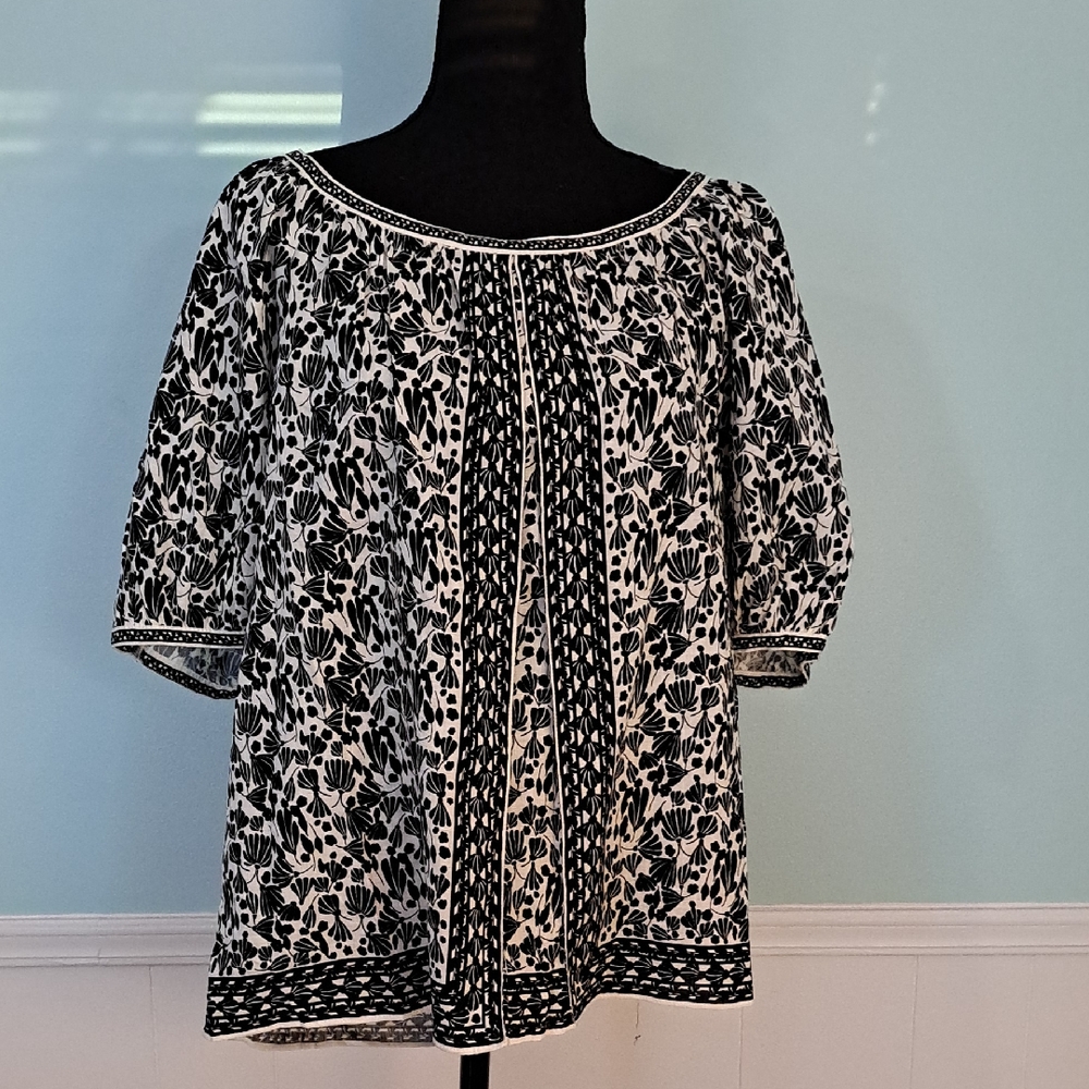 MAX STUDIO Peasant-Style Elbow Length Sleeve Blouse w/Abstract Print, Size M